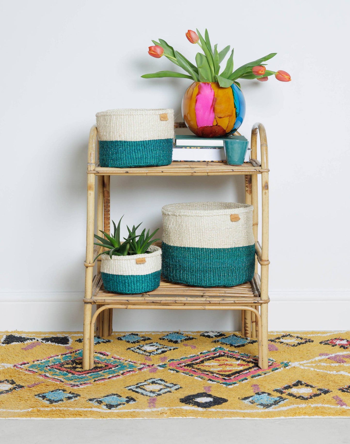 MSINGI: Teal Colour Block Woven Basket: Blue / S / Colour Block