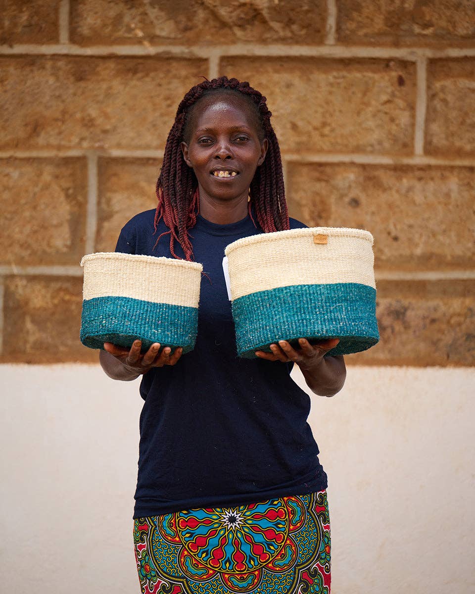 MSINGI: Teal Colour Block Woven Basket: Blue / S / Colour Block