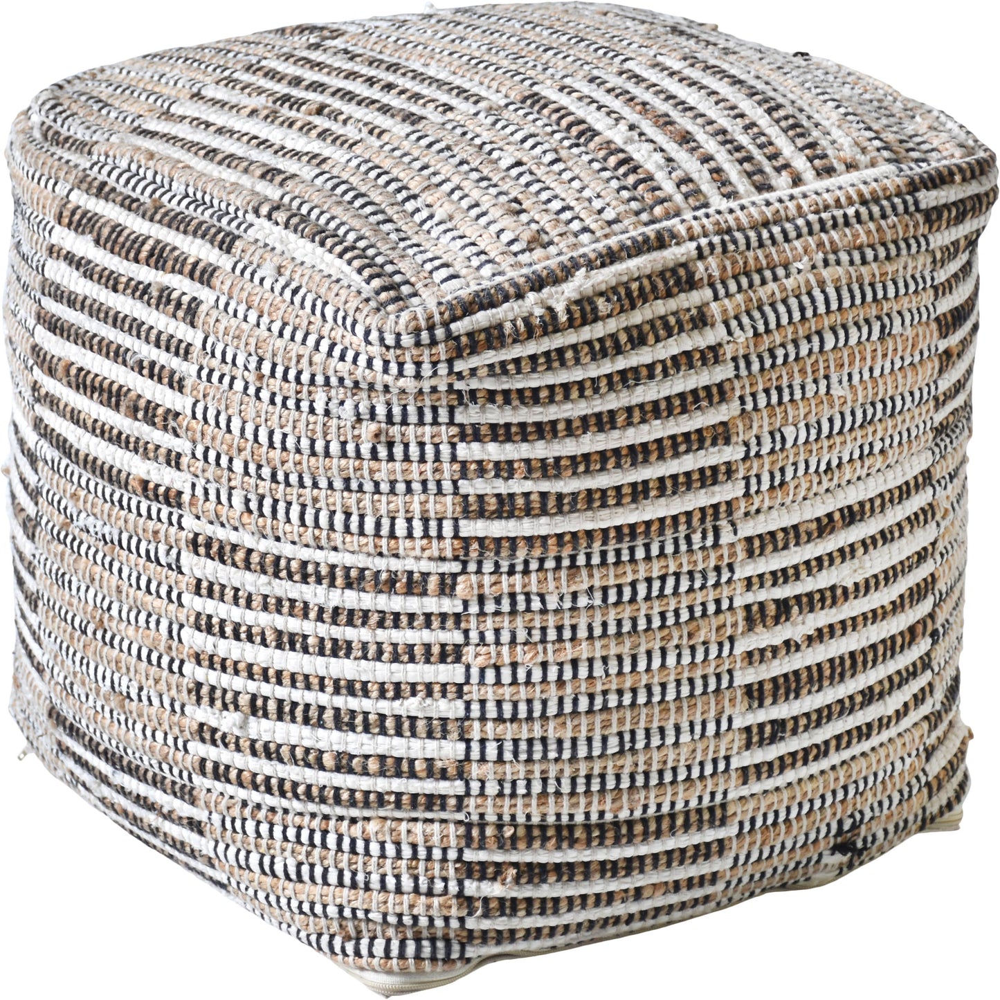 Kose Hand Woven Pit Loom Ivory & Natural Hemp Pouffe: Ivory