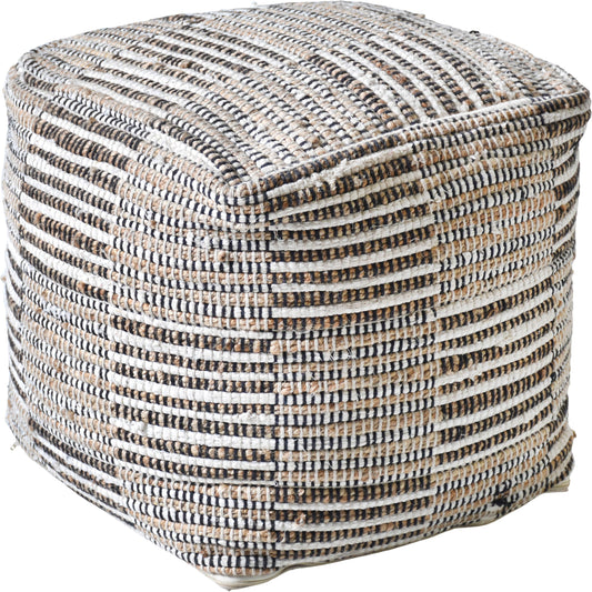 Kose Hand Woven Pit Loom Ivory & Natural Hemp Pouffe: Ivory