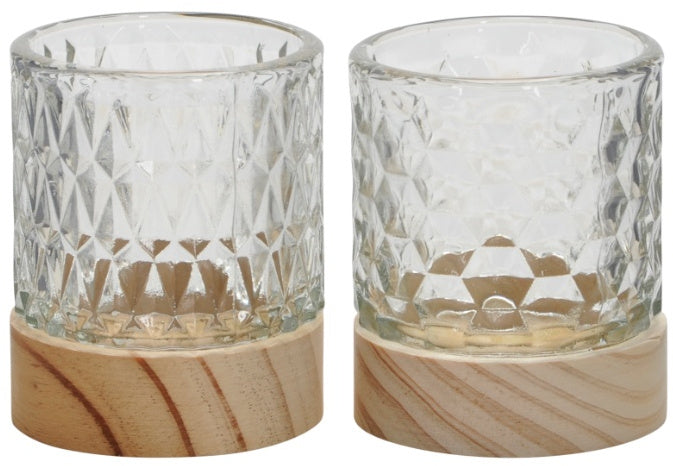 Glass and wood tea light holder