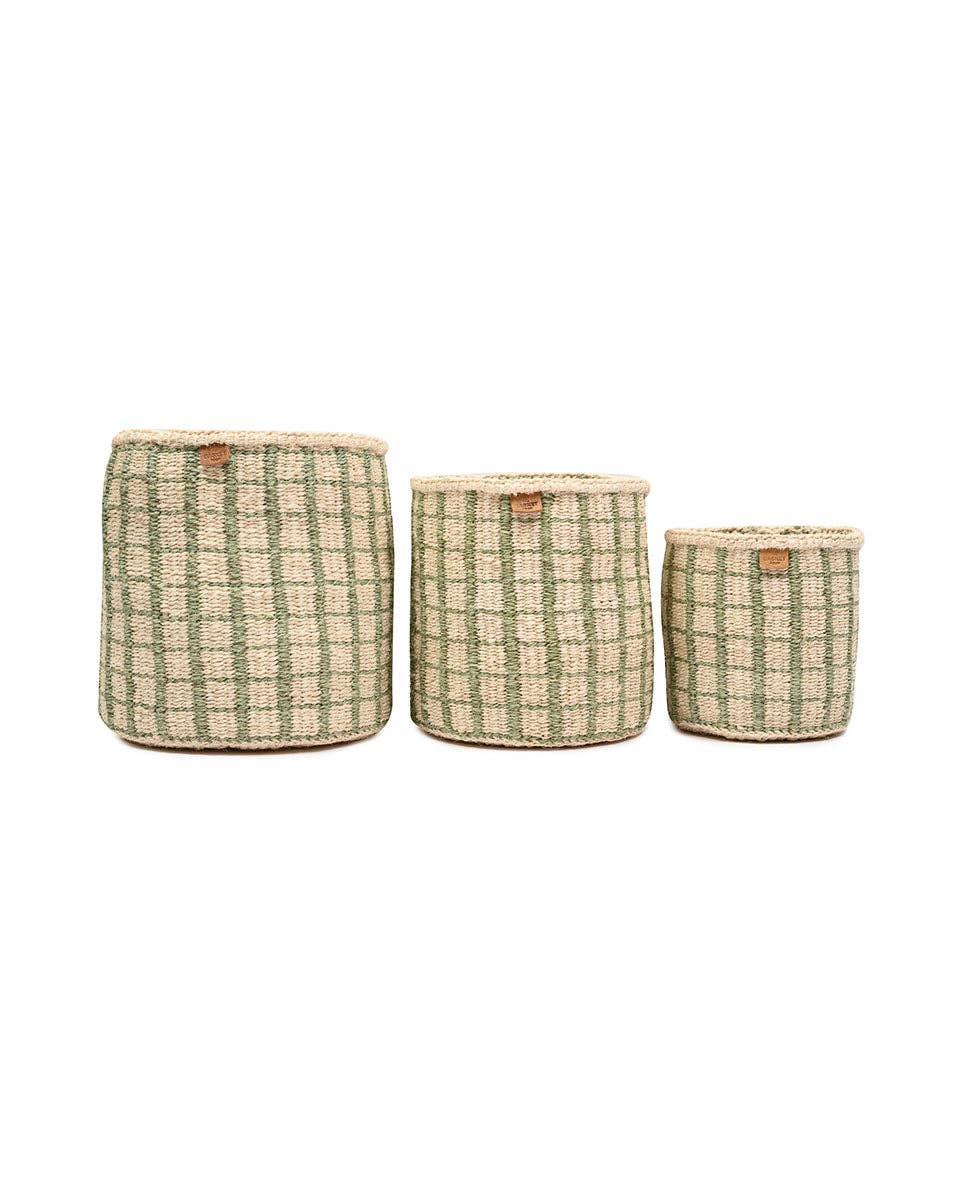 KAGUA: Green Check Woven Storage Basket: Green / L / Checked