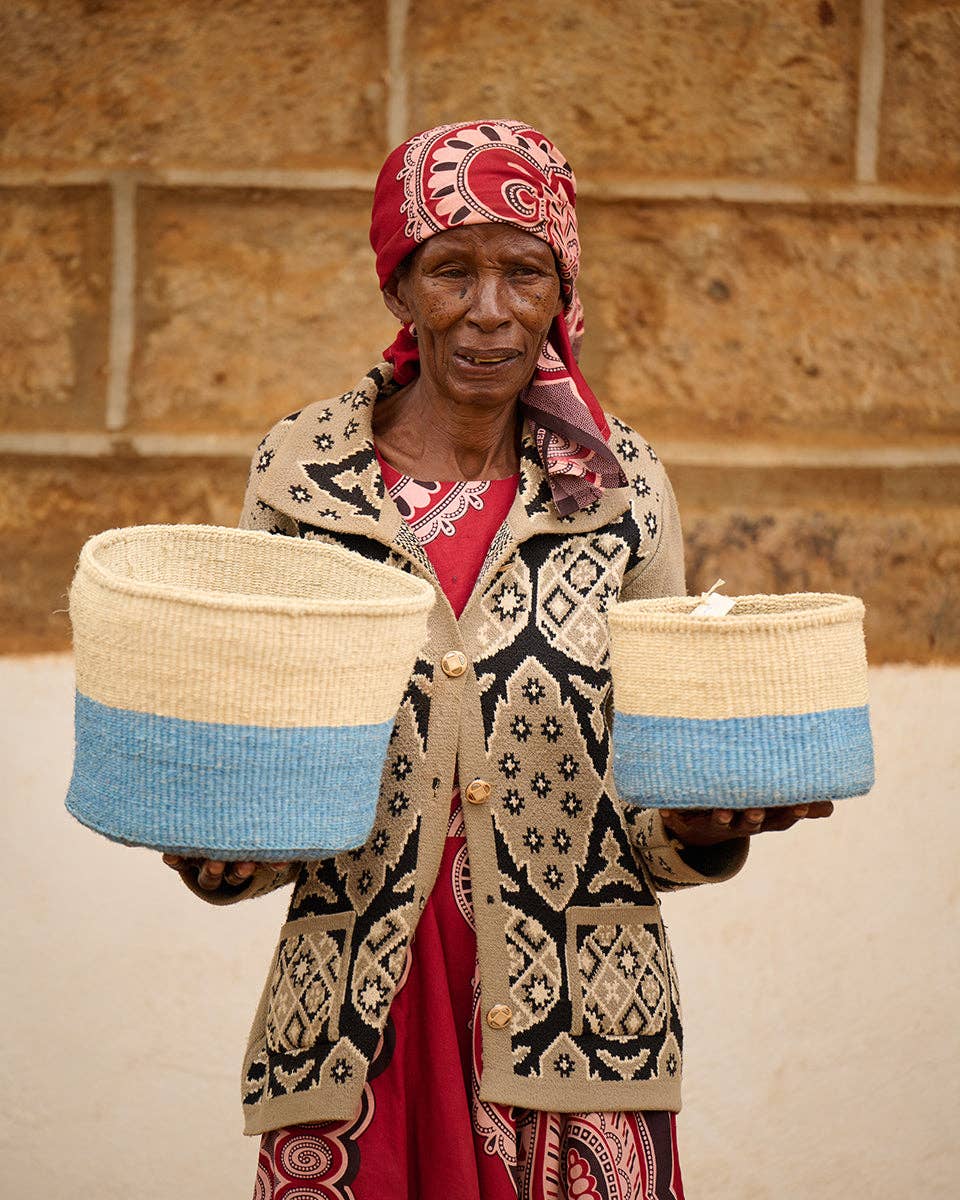 MKOA: Sky Blue Colour Block Woven Basket: Blue / M / Colour Block