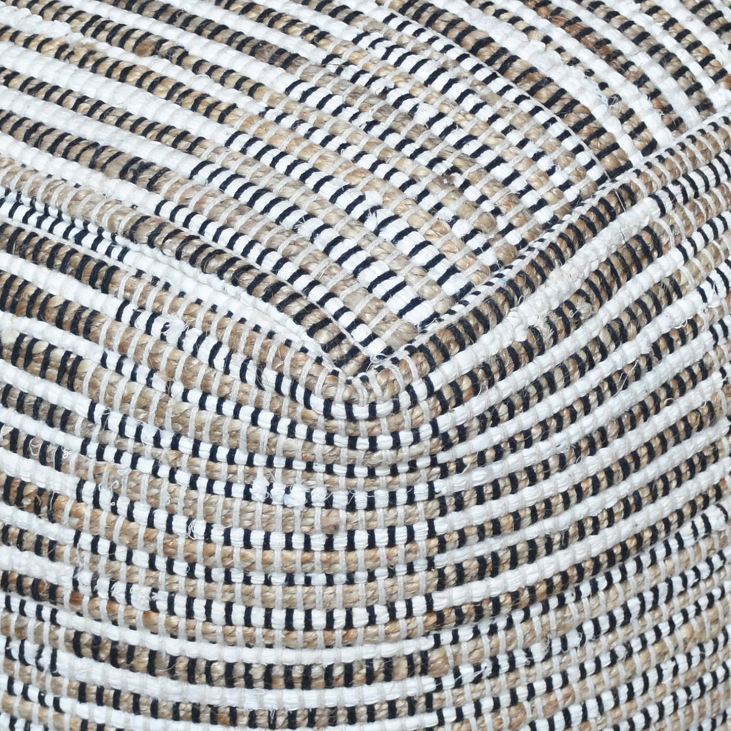 Kose Hand Woven Pit Loom Ivory & Natural Hemp Pouffe: Ivory