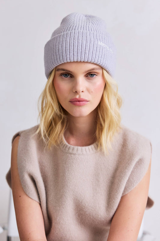 Merino Wool Embroidered Beanie - Grey Melange - AW25