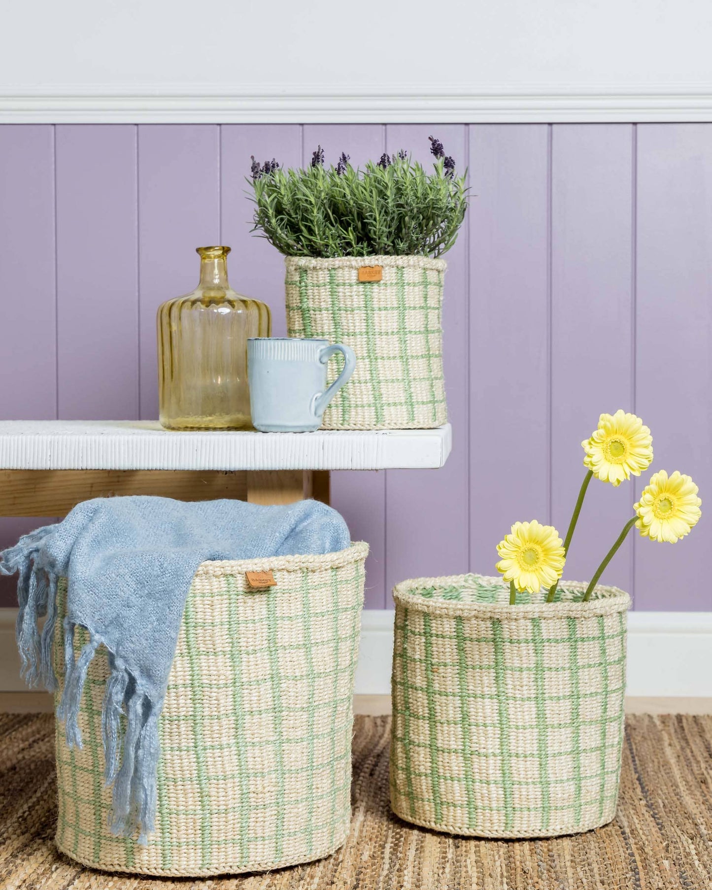 KAGUA: Green Check Woven Storage Basket: Green / L / Checked