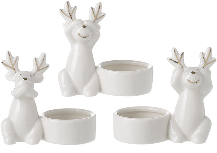 White ceramic reindeer tea light holder 8cm 'See no evil..'
