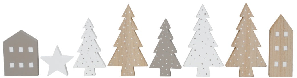 Christmas Tree scene grey/white/wood set of 8 pieces