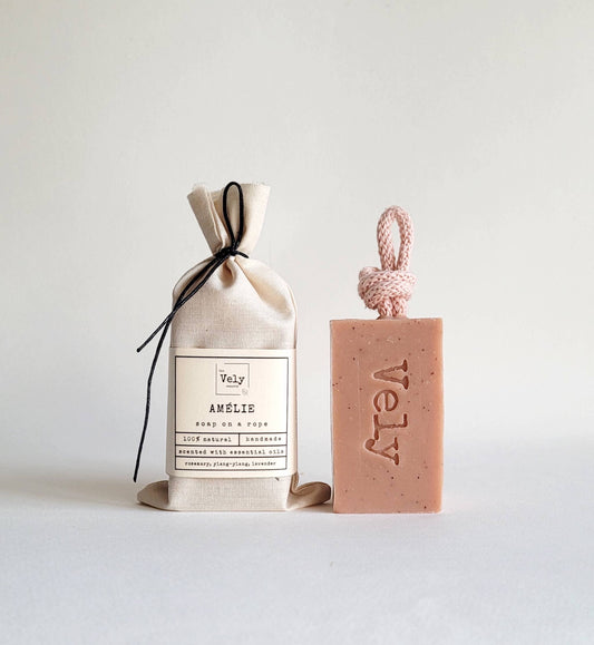Natural Handmade Soap On A Rope With Pink Clay  "Amélie"