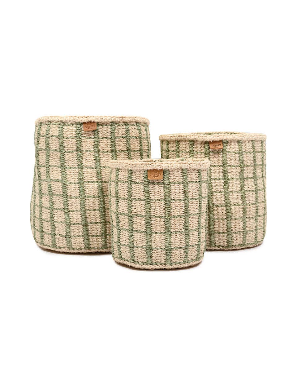 KAGUA: Green Check Woven Storage Basket: Green / L / Checked