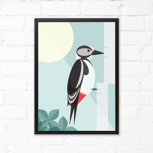 Woodpecker Bird Print in matte black frame